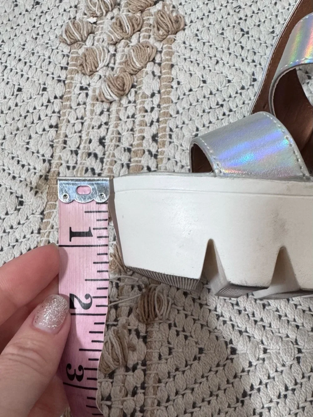 Qupid Holographic Silver White Chunky Platform Sandals Heels